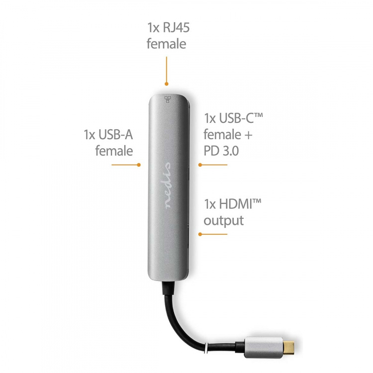 Nedis USB Multi-Port Adapter | 4-i-1 | USB 3.2 Gen 1 | USB-C™ Hane | HDMI™ Utgång / RJ45 Hona / USB-A Hona / USB-C™ Hona | 5 Gbps | 0.20 m | Rund | Guldplaterad | PVC | Antracit | Låda Nedis USB Multi-Port Adapter | 4-i-1 | USB 3.2 Gen 1 | USB-C™ Hane | HDMI™ Utgång / RJ45 Hona / USB-A Hona / USB-C™ Hona | 5 Gbps | 0.20 m | Rund | Guldplaterad | PVC | Antracit | Låda