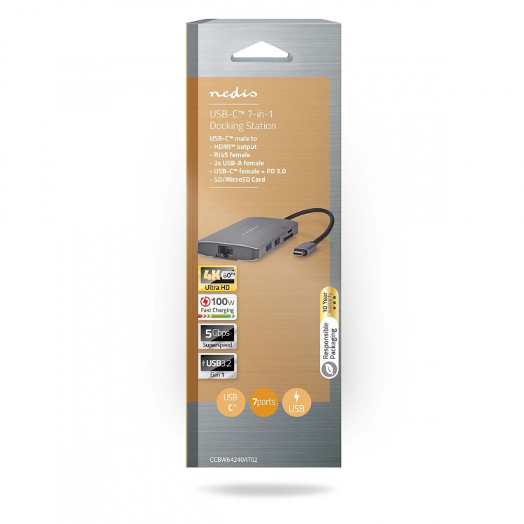 Nedis USB Multi-Port Adapter | 7-i-1 | USB 3.2 Gen 1 | USB-C™ Hane | HDMI™ Utgång / Micro SD / RJ45 Hona / SD / USB-C™ Hona / 3x USB-A Hona | 5 Gbps | 0.20 m | Rund | Guldplaterad | PVC | Antracit | Låda