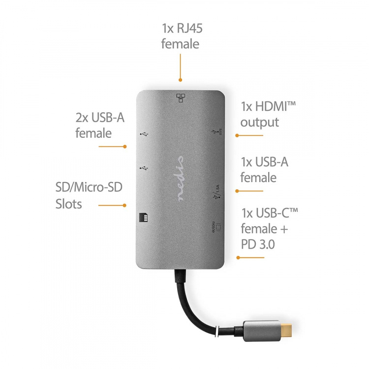 Nedis USB Multi-Port Adapter | 7-i-1 | USB 3.2 Gen 1 | USB-C™ Hane | HDMI™ Utgång / Micro SD / RJ45 Hona / SD / USB-C™ Hona / 3x USB-A Hona | 5 Gbps | 0.20 m | Rund | Guldplaterad | PVC | Antracit | Låda