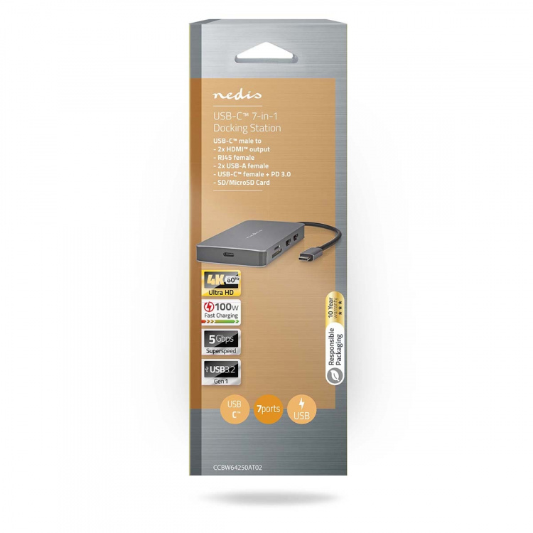 Nedis USB Multi-Port Adapter | 7-i-1 | USB 3.2 Gen 1 | USB-C™ Hane | Micro SD / RJ45 Hona / SD / USB-C™ Hona / 2x HDMI™ / 2x USB-A Hona | 5 Gbps | 0.20 m | Rund | Guldplaterad | PVC | Antracit | Låda