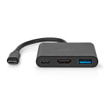 Nedis USB Multi-Port Adapter | 3-i-1 | USB 3.2 Gen 1 | USB-C™ Hane | HDMI™ Utgång / USB-A Hona / USB-C™ Hona | 5 Gbps | 0.10 m | Rund | Nickelplaterad | PVC | Svart | Låda