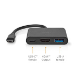 Nedis USB Multi-Port Adapter | 3-i-1 | USB 3.2 Gen 1 | USB-C™ Hane | HDMI™ Utgång / USB-A Hona / USB-C™ Hona | 5 Gbps | 0.10 m | Rund | Nickelplaterad | PVC | Svart | Låda