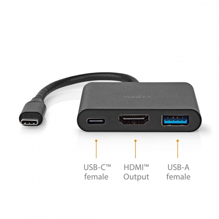 Nedis USB Multi-Port Adapter | 3-i-1 | USB 3.2 Gen 1 | USB-C™ Hane | HDMI™ Utgång / USB-A Hona / USB-C™ Hona | 5 Gbps | 0.10 m | Rund | Nickelplaterad | PVC | Svart | Låda