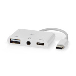 Nedis USB Multi-Port Adapter | 3-i-1 | USB 2.0 | USB-C™ Hane | USB-A Hona / USB-C™ Hona / 3.5 mm Hona | 480 Mbps | 0.10 m | Rund | Nickelplaterad | PVC | Vit | Låda