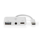 Nedis USB Multi-Port Adapter | 3-i-1 | USB 2.0 | USB-C™ Hane | USB-A Hona / USB-C™ Hona / 3.5 mm Hona | 480 Mbps | 0.10 m | Rund | Nickelplaterad | PVC | Vit | Låda