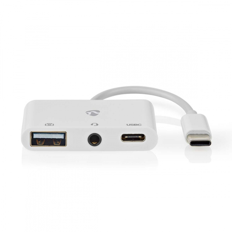 Nedis USB Multi-Port Adapter | 3-i-1 | USB 2.0 | USB-C™ Hane | USB-A Hona / USB-C™ Hona / 3.5 mm Hona | 480 Mbps | 0.10 m | Rund | Nickelplaterad | PVC | Vit | Låda