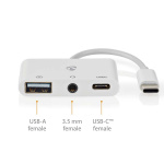 Nedis USB Multi-Port Adapter | 3-i-1 | USB 2.0 | USB-C™ Hane | USB-A Hona / USB-C™ Hona / 3.5 mm Hona | 480 Mbps | 0.10 m | Rund | Nickelplaterad | PVC | Vit | Låda