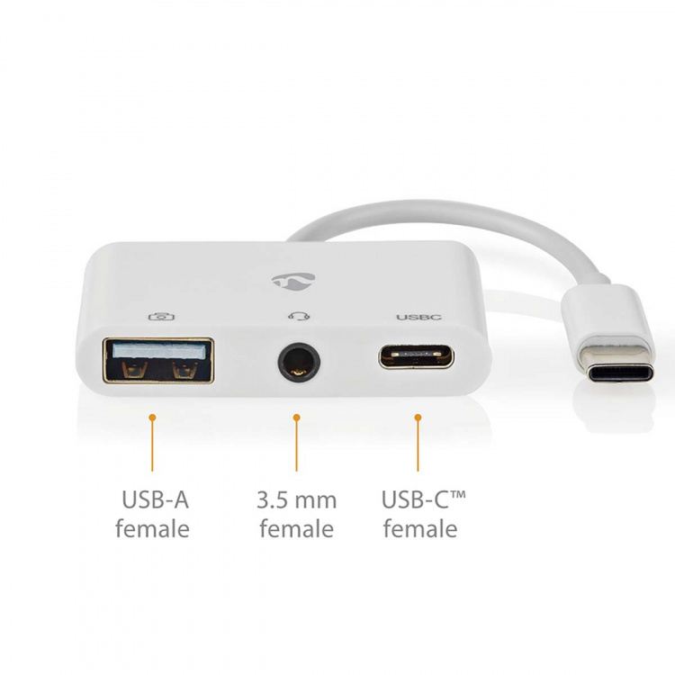 Nedis USB Multi-Port Adapter | 3-i-1 | USB 2.0 | USB-C™ Hane | USB-A Hona / USB-C™ Hona / 3.5 mm Hona | 480 Mbps | 0.10 m | Rund | Nickelplaterad | PVC | Vit | Låda