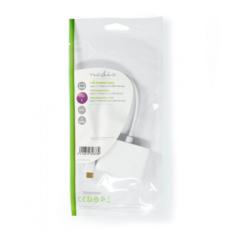 Nedis USB Multi-Port Adapter | 2-in-1 | USB 3.2 Gen 1 | USB-C™ Hane | 2x USB-A | 5 Gbps | 0.20 m | Rund | Nickelplaterad | PVC | Vit | Plastpåse