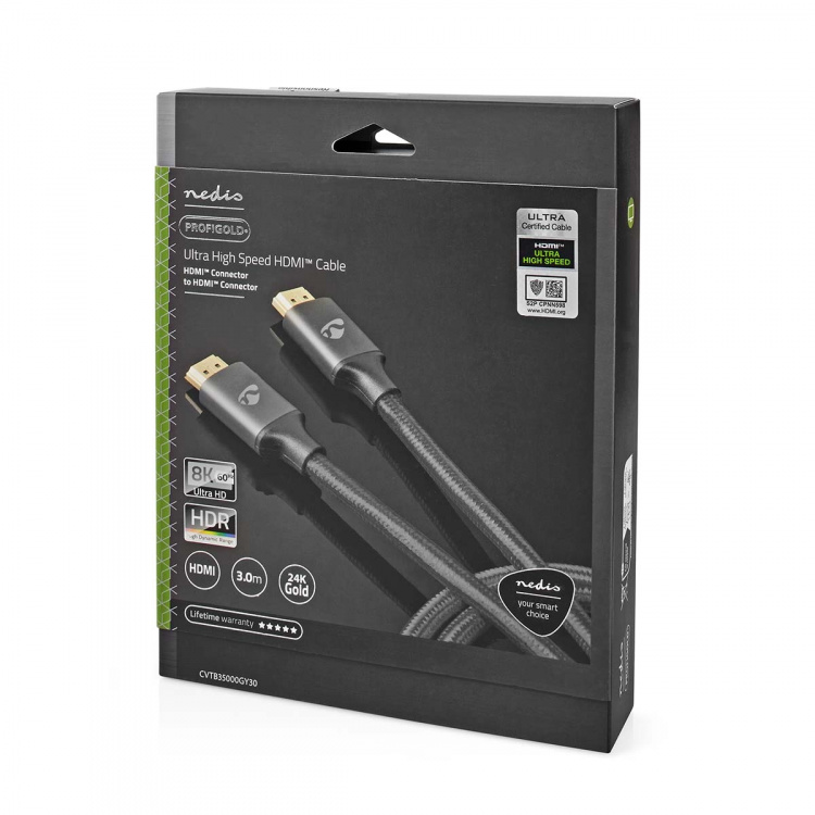 Nedis Ultra High Speed ​​HDMI ™ kabel | HDMI™ Kontakt | HDMI™ Kontakt | 8K@60Hz | 48 Gbps | 3.00 m | Rund | 6.7 mm | Grått Med Metall | Kartong med täckt fönster