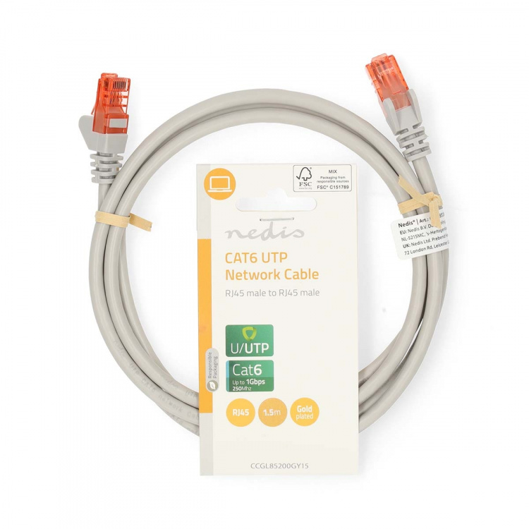 Nedis CAT6 Nätverkskabel | RJ45 hane | RJ45 hane | U/UTP | 1.50 m | Rund | PVC | Grå | Label