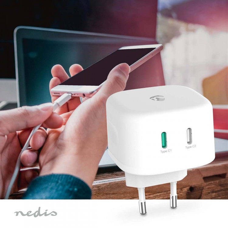 Nedis Väggladdare | 45 W | GaN | PD3.0 45W | Snabbladdnings funktion | 2.25 A / 3.0 A | Antal utgångar: 2 | 2x USB-C™ | Automatiskt val av Spänning | Vit