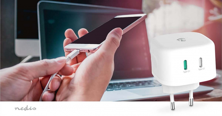 Nedis Väggladdare | 45 W | GaN | PD3.0 45W | Snabbladdnings funktion | 2.25 A / 3.0 A | Antal utgångar: 2 | 2x USB-C™ | Automatiskt val av Spänning | Vit