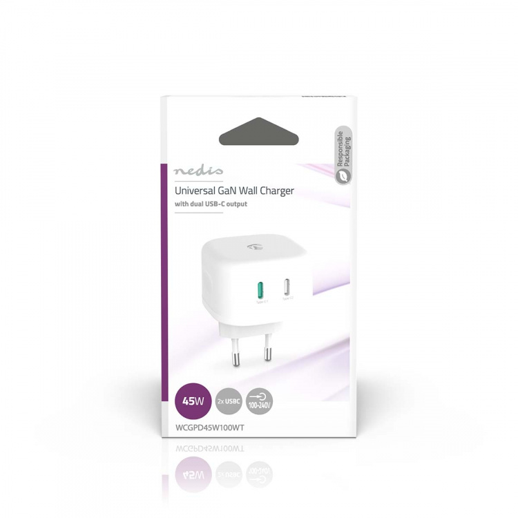 Nedis Väggladdare | 45 W | GaN | PD3.0 45W | Snabbladdnings funktion | 2.25 A / 3.0 A | Antal utgångar: 2 | 2x USB-C™ | Automatiskt val av Spänning | Vit