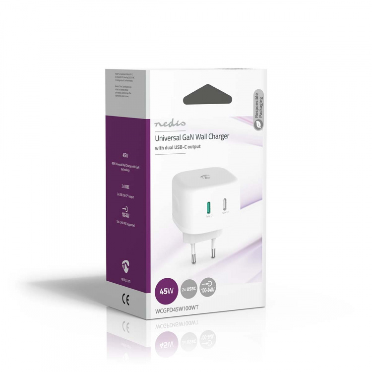 Nedis Väggladdare | 45 W | GaN | PD3.0 45W | Snabbladdnings funktion | 2.25 A / 3.0 A | Antal utgångar: 2 | 2x USB-C™ | Automatiskt val av Spänning | Vit