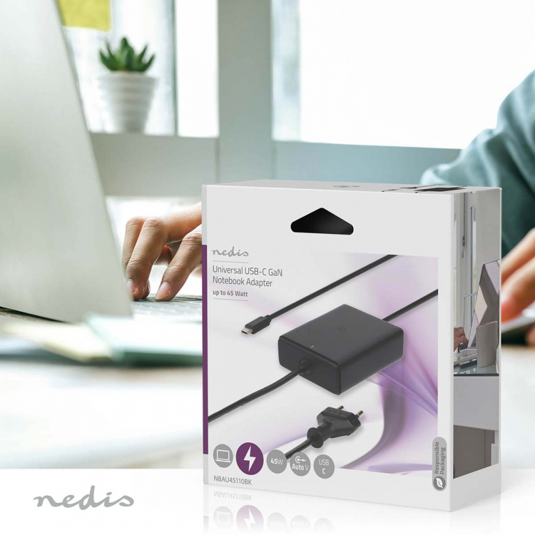 Nedis Notebook Adapter | GaN | 45 W | 5 / 9 / 12 / 15 / 20 V DC | 2.25 / 2.33 / 2.92 / 3.0 A | Används för: Dator / Smartphone / Surfplatta | Euro / Typ-C (CEE 7/16)
