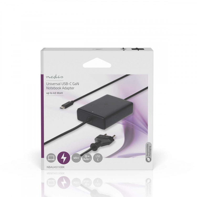 Nedis Notebook Adapter | GaN | 45 W | 5 / 9 / 12 / 15 / 20 V DC | 2.25 / 2.33 / 2.92 / 3.0 A | Används för: Dator / Smartphone / Surfplatta | Euro / Typ-C (CEE 7/16)