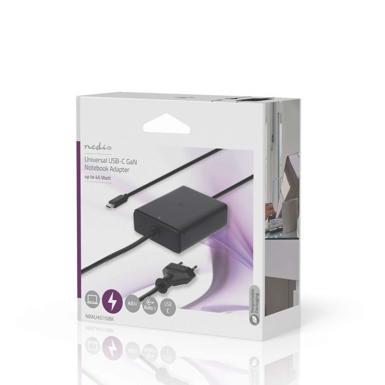 Nedis Notebook Adapter | GaN | 45 W | 5 / 9 / 12 / 15 / 20 V DC | 2.25 / 2.33 / 2.92 / 3.0 A | Används för: Dator / Smartphone / Surfplatta | Euro / Typ-C (CEE 7/16)