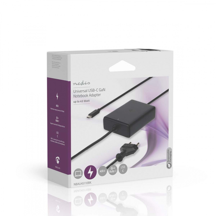 Nedis Notebook Adapter | GaN | 45 W | 5 / 9 / 12 / 15 / 20 V DC | 2.25 / 2.33 / 2.92 / 3.0 A | Används för: Dator / Smartphone / Surfplatta | Euro / Typ-C (CEE 7/16)