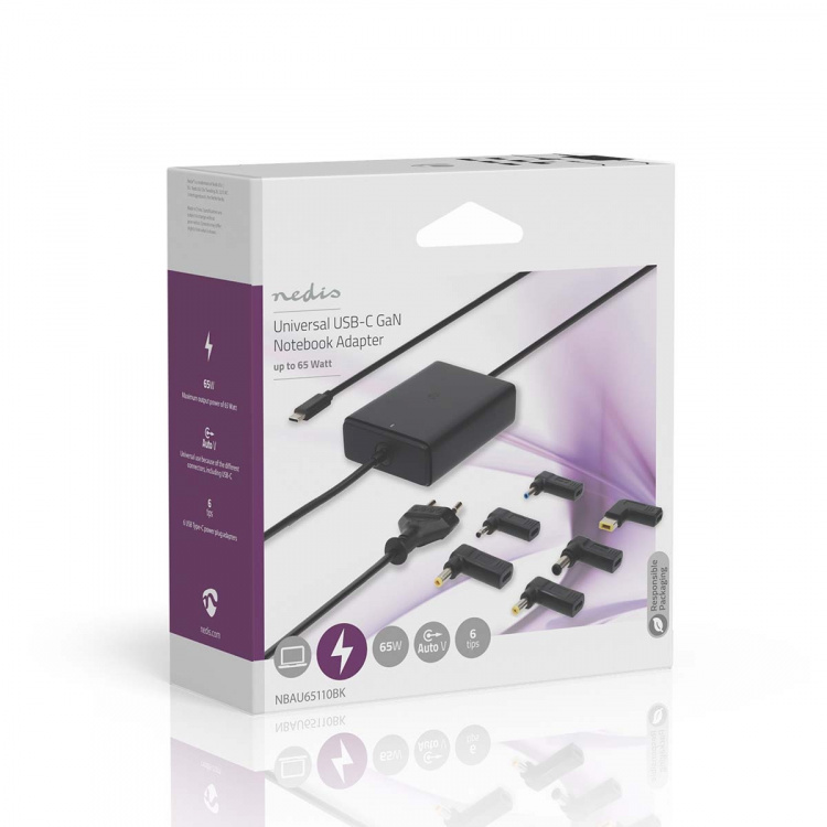 Nedis Notebook Adapter | GaN | 65 W | 5 / 9 / 12 / 15 / 20 V DC | 2.4 / 3.0 / 3.25 A | Används för: Dator / Smartphone / Surfplatta | Euro / Typ-C (CEE 7/16) Nedis Notebook Adapter | GaN | 65 W | 5 / 9 / 12 / 15 / 20 V DC | 2.4 / 3.0 / 3.25 A | Används för: Dator / Smartphone / Surfplatta | Euro / Typ-C (CEE 7/16)