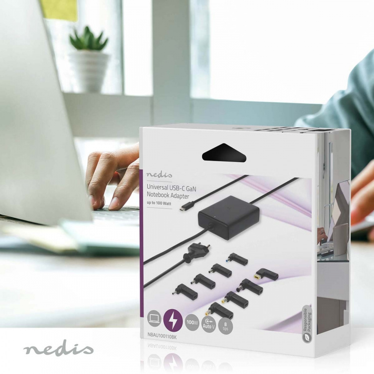 Nedis Notebook Adapter | GaN | 100 W | 5 / 9 / 12 / 15 / 20 V DC | 3.0 / 5.0 A | Används för: Dator / Smartphone / Surfplatta | Euro / Typ-C (CEE 7/16) Nedis Notebook Adapter | GaN | 100 W | 5 / 9 / 12 / 15 / 20 V DC | 3.0 / 5.0 A | Används för: Dator / Smartphone / Surfplatta | Euro / Typ-C (CEE 7/16)