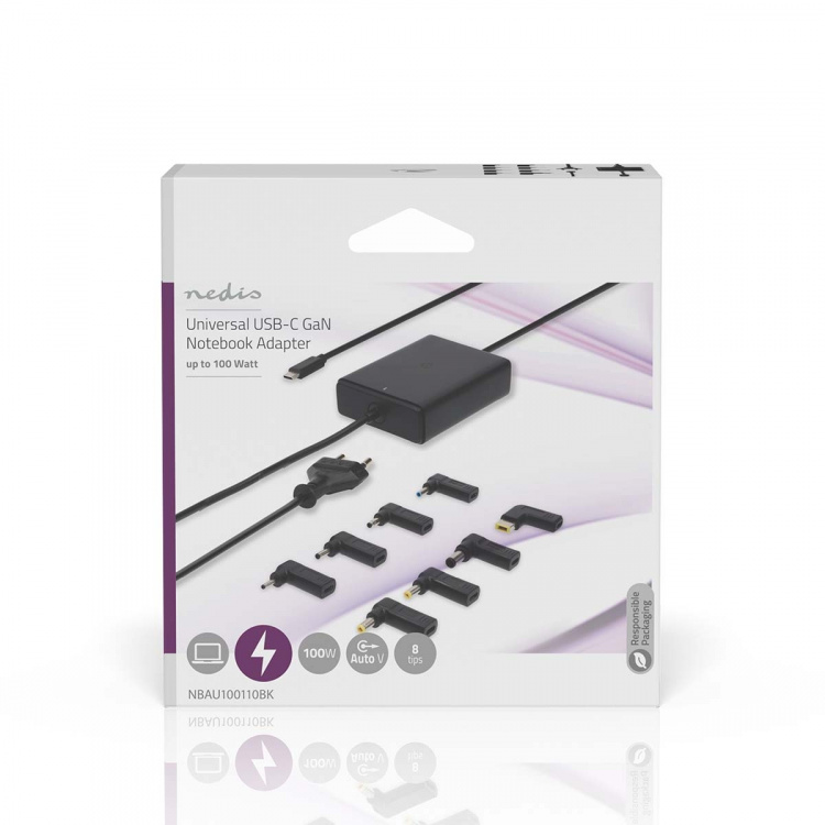 Nedis Notebook Adapter | GaN | 100 W | 5 / 9 / 12 / 15 / 20 V DC | 3.0 / 5.0 A | Används för: Dator / Smartphone / Surfplatta | Euro / Typ-C (CEE 7/16) Nedis Notebook Adapter | GaN | 100 W | 5 / 9 / 12 / 15 / 20 V DC | 3.0 / 5.0 A | Används för: Dator / Smartphone / Surfplatta | Euro / Typ-C (CEE 7/16)