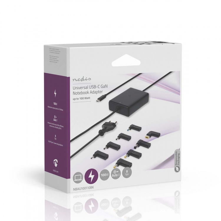 Nedis Notebook Adapter | GaN | 100 W | 5 / 9 / 12 / 15 / 20 V DC | 3.0 / 5.0 A | Används för: Dator / Smartphone / Surfplatta | Euro / Typ-C (CEE 7/16) Nedis Notebook Adapter | GaN | 100 W | 5 / 9 / 12 / 15 / 20 V DC | 3.0 / 5.0 A | Används för: Dator / Smartphone / Surfplatta | Euro / Typ-C (CEE 7/16)