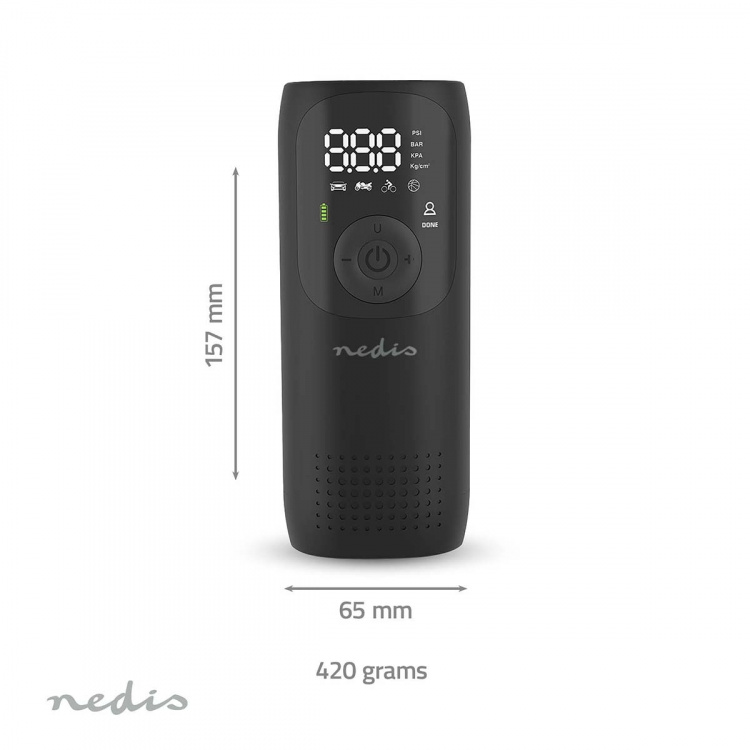 Nedis Laddningsbar luftkompressor | 0.1 - 10.3 Bar | Dunlop ventil | Driftlägen: Bil / motorcykel / cykel / boll | Ja | Lufttrycksmätare