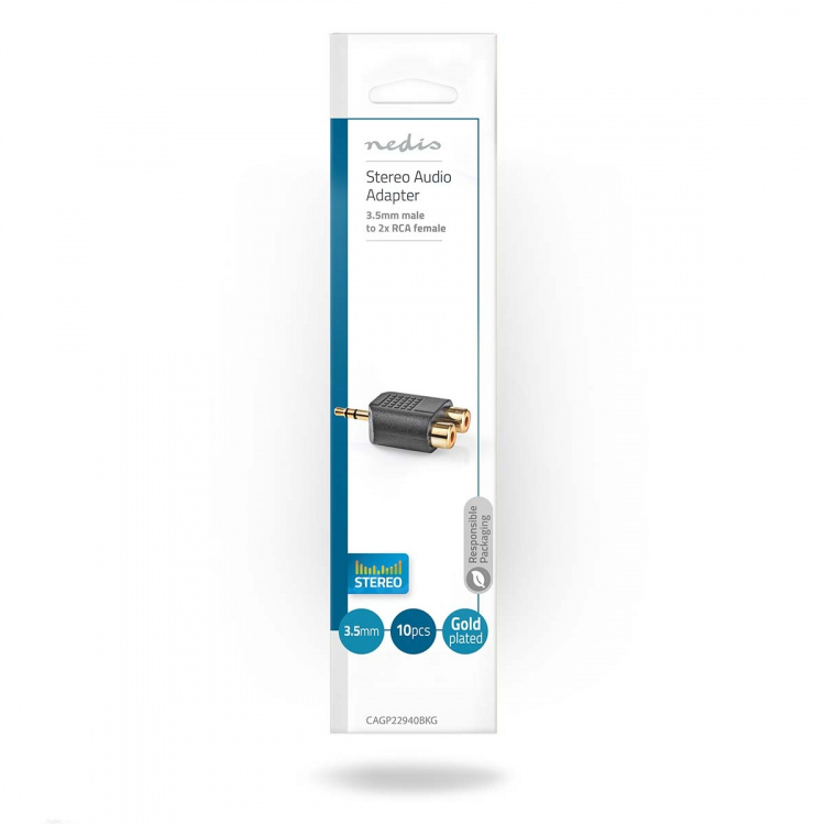 Nedis Stereo Audio Adapter | 3.5 mm Hane | 2x RCA Hona | Guldplaterad | Rak | ABS | Svart | 10 st. | Kuvert