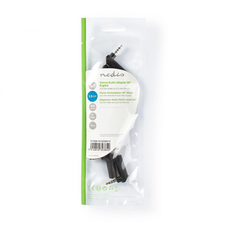 Nedis Stereo Audio Adapter | 3.5 mm Hane | 3.5 mm Hona | Nickelplaterad | Vinklat 90° | Metall | Svart | 10 st. | Plastpåse Nedis Stereo Audio Adapter | 3.5 mm Hane | 3.5 mm Hona | Nickelplaterad | Vinklat 90° | Metall | Svart | 10 st. | Plastpåse