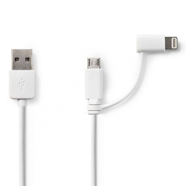 Nedis 2 i 1kabel | USB 2.0 | USB-A Hane | Apple Lightning, 8-stifts / USB Micro-B Hane | 480 Mbps | 1.00 m | Nickelplaterad | Rund | PVC | Vit | Plastpåse Nedis 2 i 1kabel | USB 2.0 | USB-A Hane | Apple Lightning, 8-stifts / USB Micro-B Hane | 480 Mbps | 1.00 m | Nickelplaterad | Rund | PVC | Vit | Plastpåse