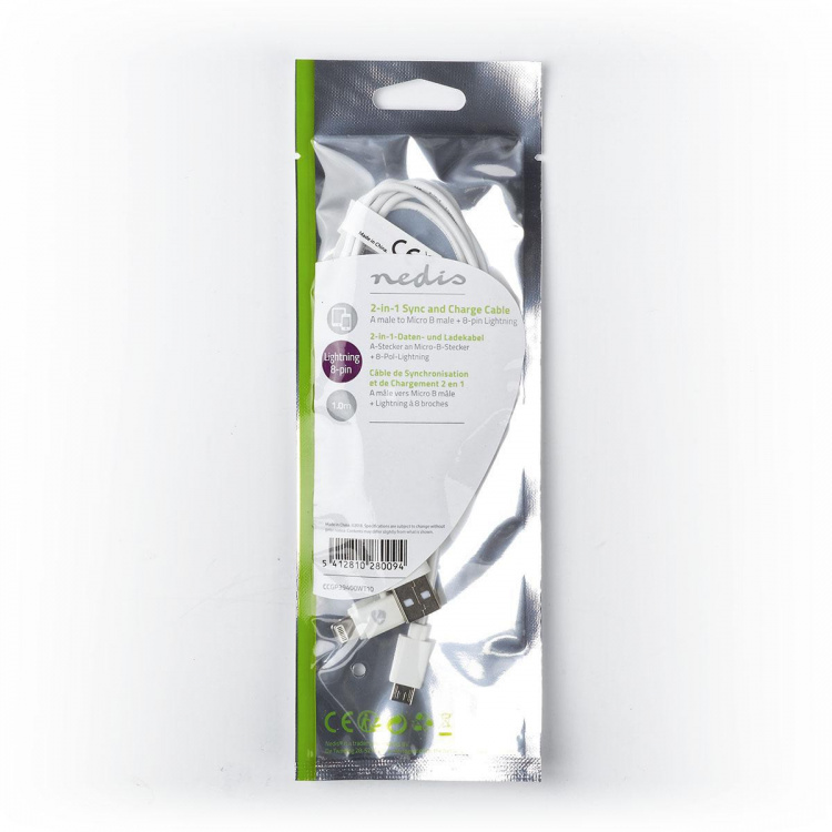 Nedis 2 i 1kabel | USB 2.0 | USB-A Hane | Apple Lightning, 8-stifts / USB Micro-B Hane | 480 Mbps | 1.00 m | Nickelplaterad | Rund | PVC | Vit | Plastpåse Nedis 2 i 1kabel | USB 2.0 | USB-A Hane | Apple Lightning, 8-stifts / USB Micro-B Hane | 480 Mbps | 1.00 m | Nickelplaterad | Rund | PVC | Vit | Plastpåse