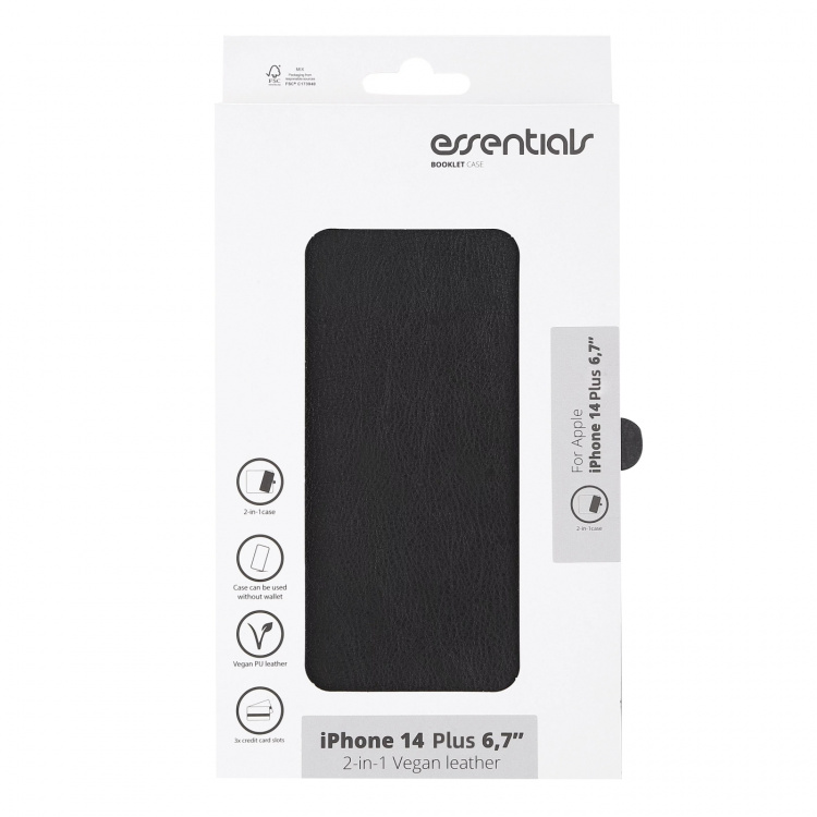 Essentials iPhone 14 Plus PU wallet, detach, 3 card,Black