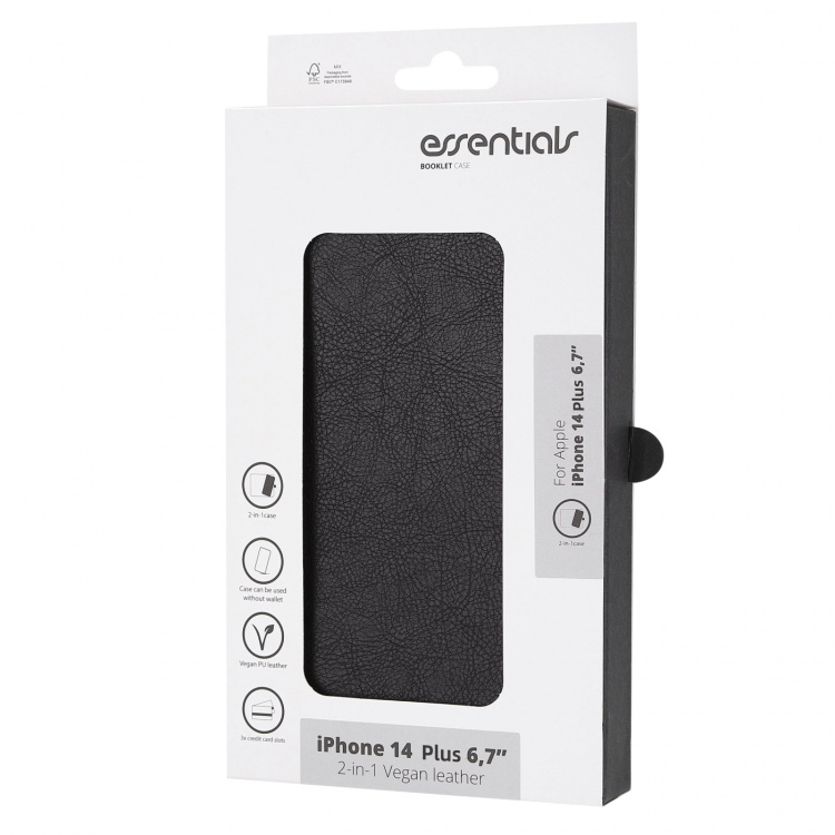 Essentials iPhone 14 Plus PU wallet, detach, 3 card,Black