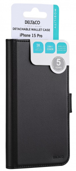 DELTACO Wallet case, 2-in-1, iPhone 15 Pro, magnetic cover, black