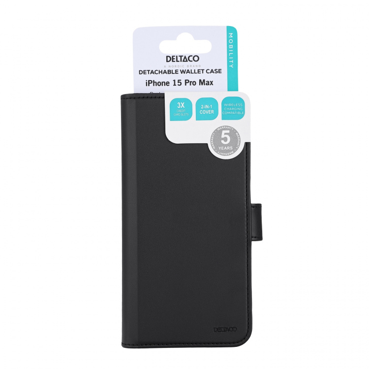DELTACO Wallet case, 2-in-1, iPhone 15 Pro Max, magnetic cover,black DELTACO Wallet case, 2-in-1, iPhone 15 Pro Max, magnetic cover,black