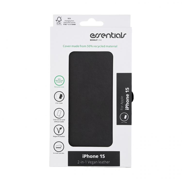 Essentials iPhone 15 PU wallet, recycled materials, detachable, black