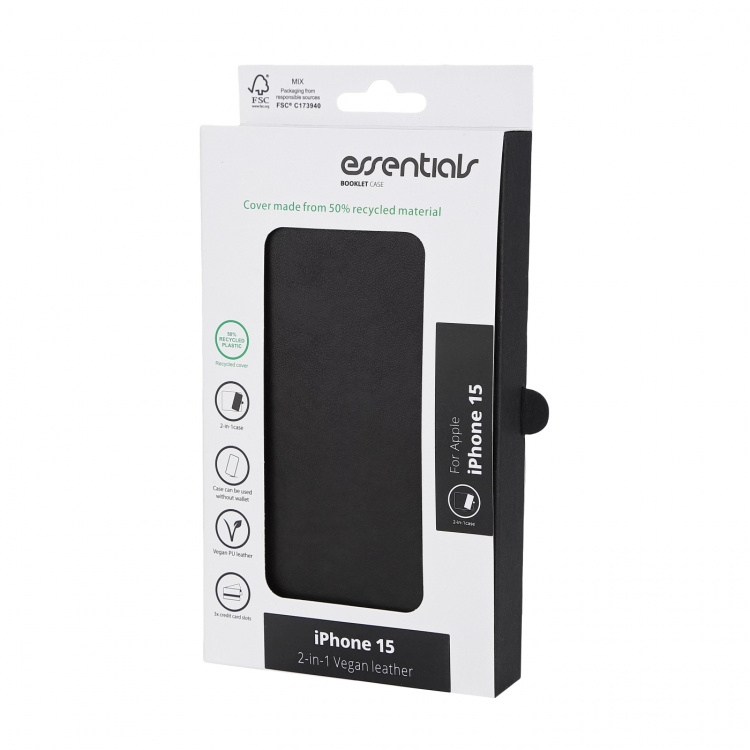 Essentials iPhone 15 PU wallet, recycled materials, detachable, black