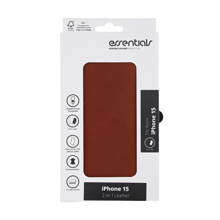 Essentials iPhone 15 leather Mag wallet, detachable, magnetic, brown