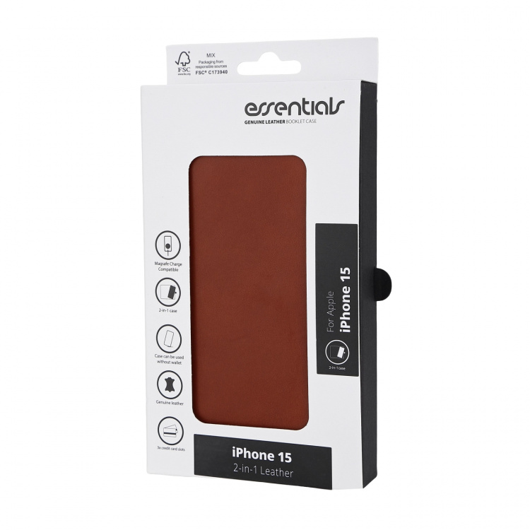 Essentials iPhone 15 leather Mag wallet, detachable, magnetic, brown