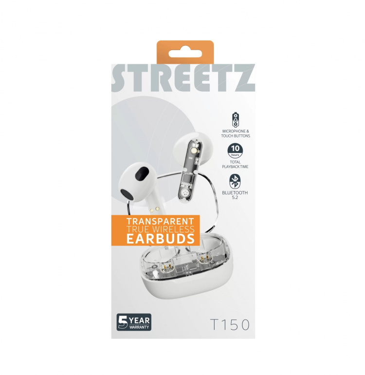 Streetz T150 TWS earphones, Transparent White Streetz T150 TWS earphones, Transparent White
