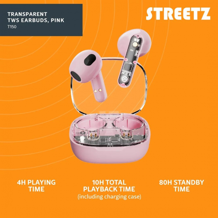 Streetz T150 TWS earphones, Transparent Pink Streetz T150 TWS earphones, Transparent Pink