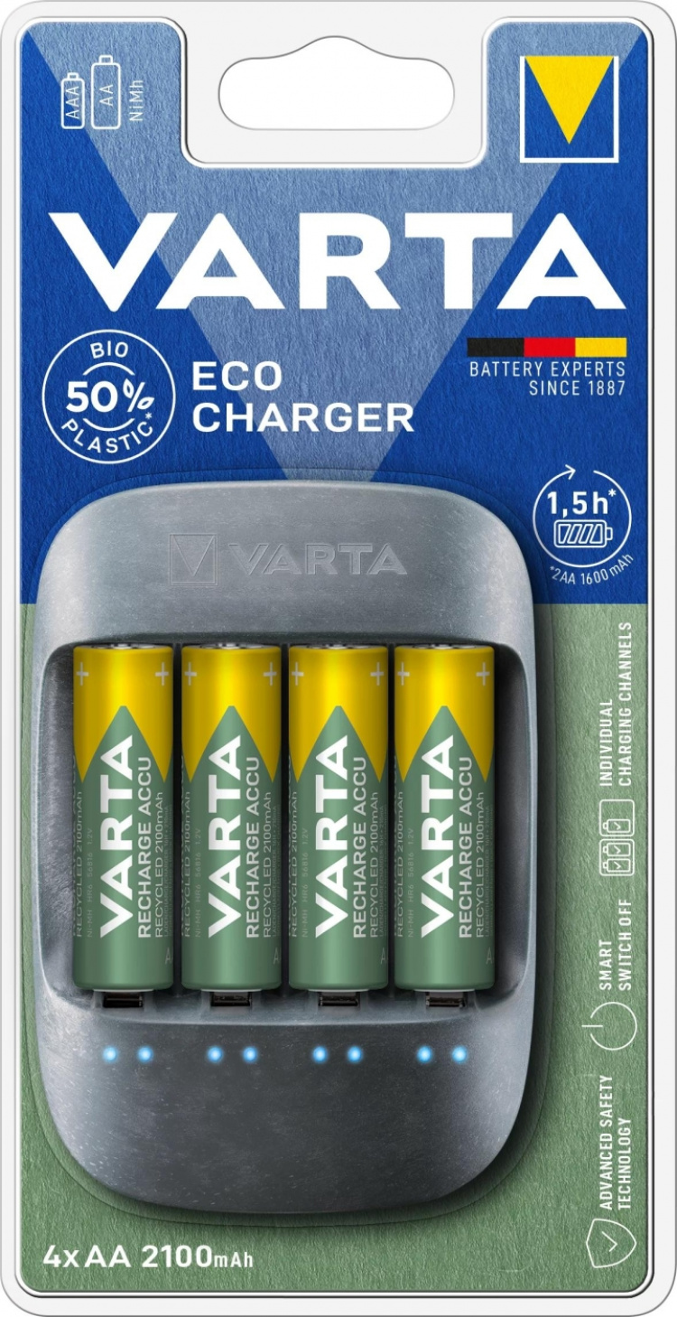 Varta Eco-Charger - Batteriladdare + 4st AA-Batterier (56816), 2100 mAh Varta Eco-Charger - Batteriladdare + 4st AA-Batterier (56816), 2100 mAh