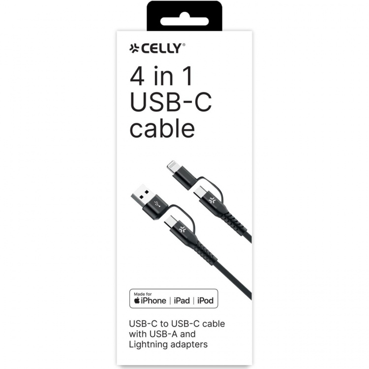 Celly 4-i-1-kabel USB-C/USB-A till USB-C/Lightning Max 60W 2 m Svart