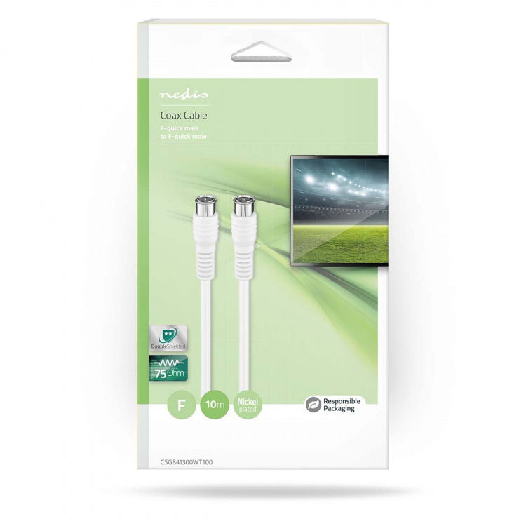 Nedis Satellite & Antenn kabel | F Hane Quick | F Hane Quick | Nickelplaterad | 75 Ohm | Dubbelskärmad | 10.0 m | Rund | PVC | Vit | Låda Nedis Satellite & Antenn kabel | F Hane Quick | F Hane Quick | Nickelplaterad | 75 Ohm | Dubbelskärmad | 10.0 m | Rund | PVC | Vit | Låda