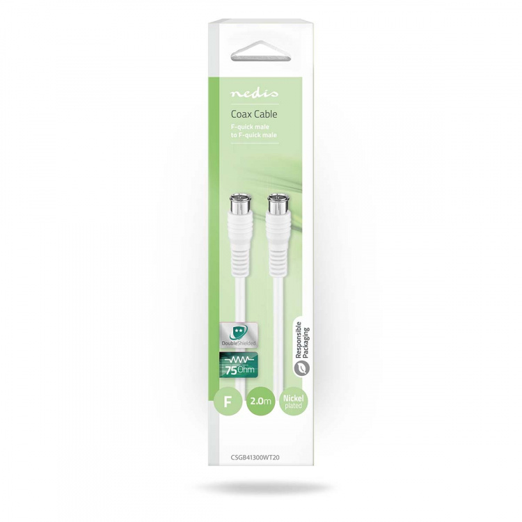 Nedis Satellite & Antenn kabel | F Hane Quick | F Hane Quick | Nickelplaterad | 75 Ohm | Dubbelskärmad | 2.00 m | Rund | PVC | Vit | Låda Nedis Satellite & Antenn kabel | F Hane Quick | F Hane Quick | Nickelplaterad | 75 Ohm | Dubbelskärmad | 2.00 m | Rund | PVC | Vit | Låda