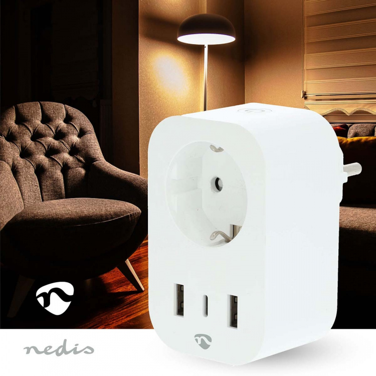 Nedis SmartLife Smart Plug | IP21 | Strömmätare | 3680 W | Type F (CEE 7/7) / 1x USB-C™ / 2x USB | 0 - 55 °C | Android™ / IOS | Vit | 1 st
