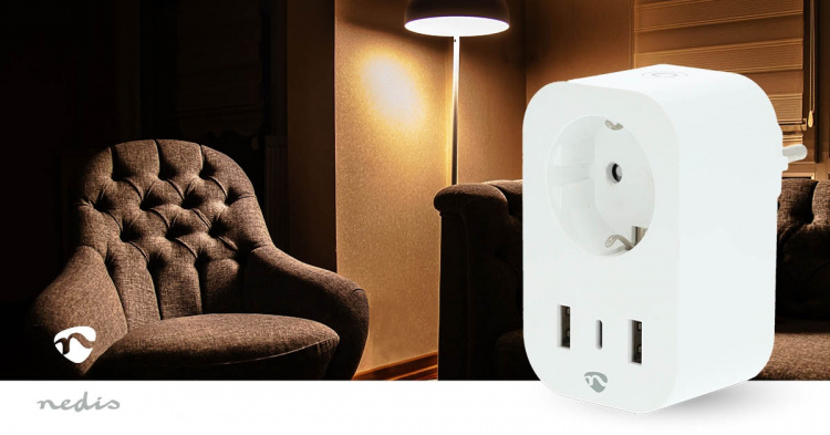 Nedis SmartLife Smart Plug | IP21 | Strömmätare | 3680 W | Type F (CEE 7/7) / 1x USB-C™ / 2x USB | 0 - 55 °C | Android™ / IOS | Vit | 1 st