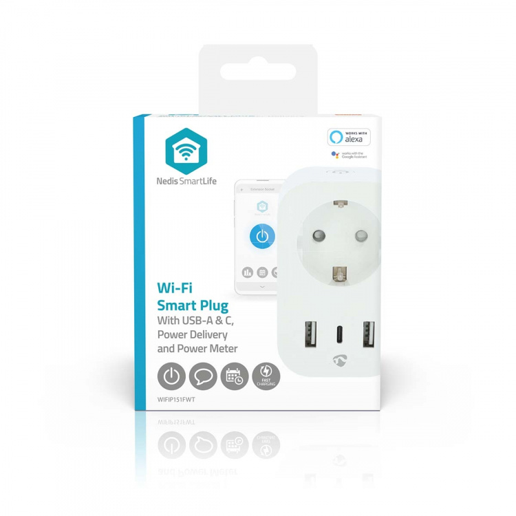 Nedis SmartLife Smart Plug | IP21 | Strömmätare | 3680 W | Type F (CEE 7/7) / 1x USB-C™ / 2x USB | 0 - 55 °C | Android™ / IOS | Vit | 1 st