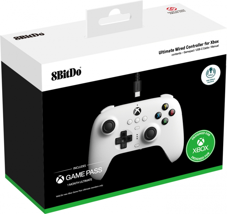 8BitDo Ultimate Wired Controller - Hall Edition trådlös spelkontroll, vit, Xbox / PC